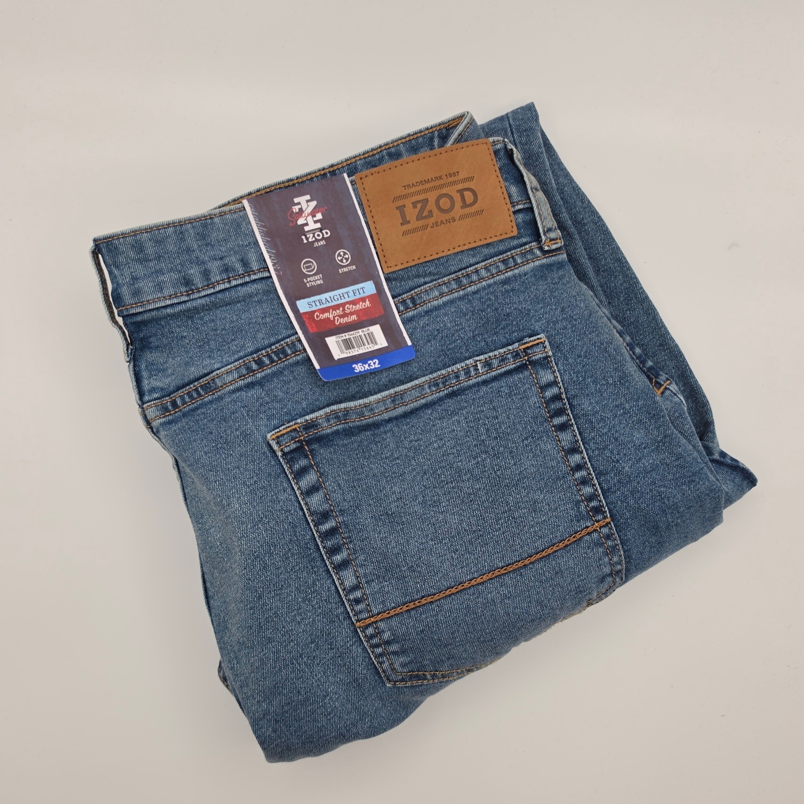 Izod Straight Fit Jeans Mens 36x32 Blue New Comfort Stretch Denim 5-Pocket